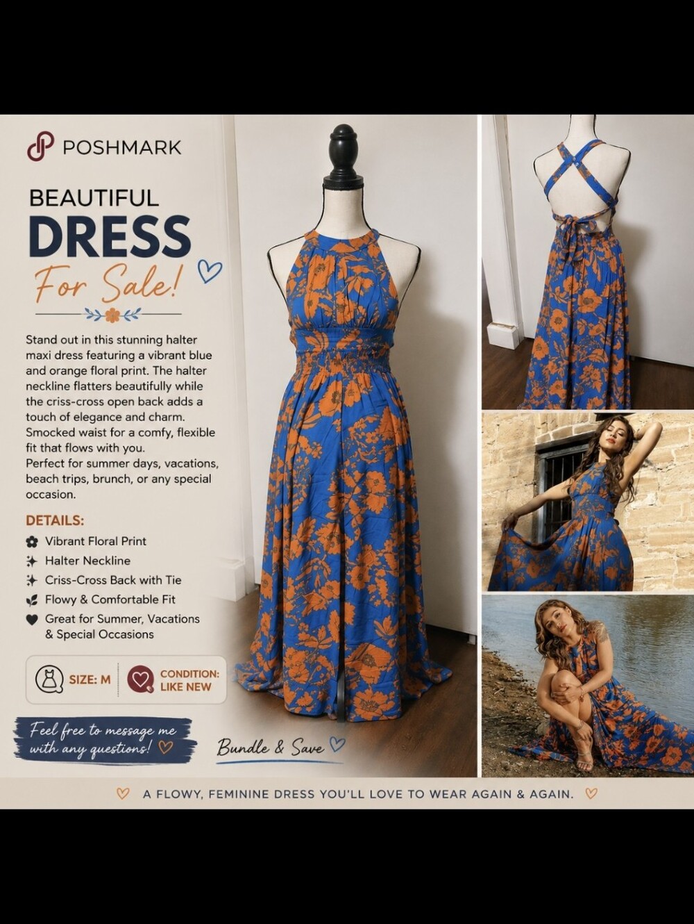 Beautiful Blue & Orange Floral Halter Maxi Dress – Size Medium 💙🧡